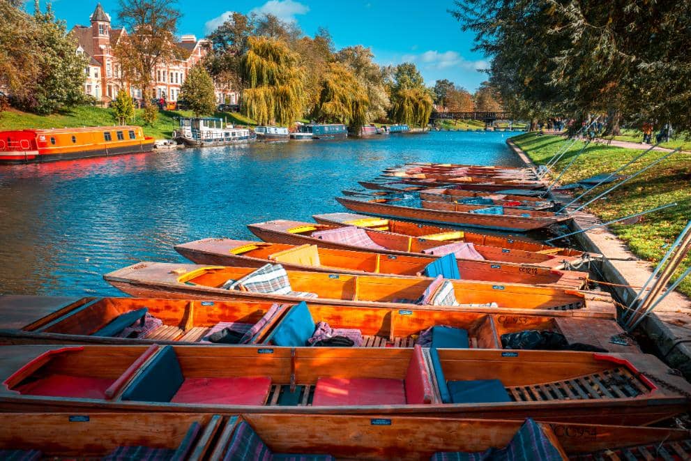 Several wooden punting boats moored on the River Cam in Cambridge near the University of Cambridge, a Cambridge summer schools host venue